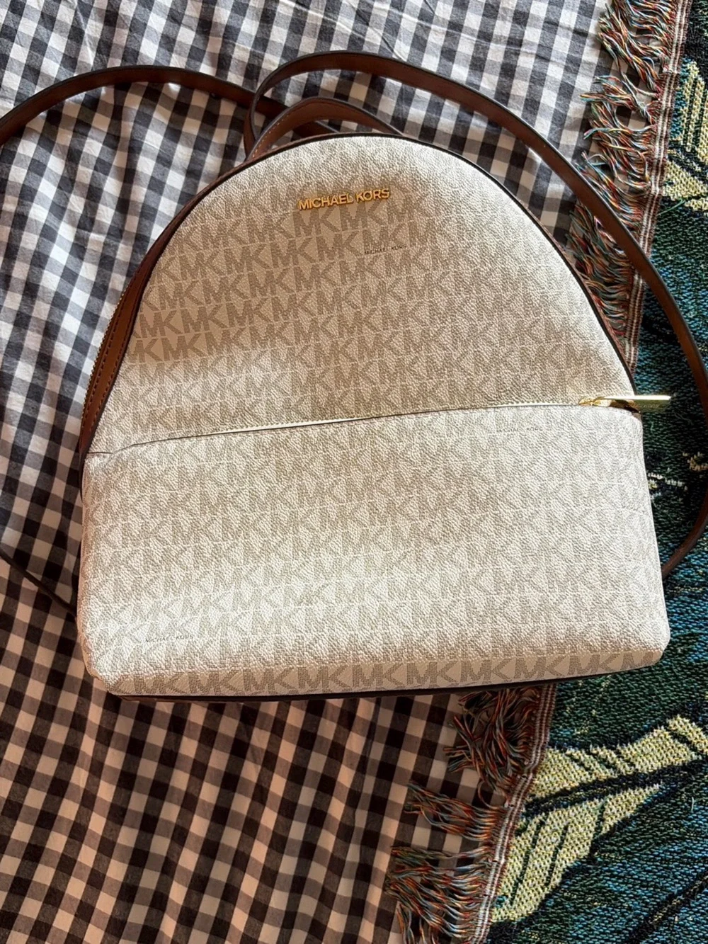 Michael Kors Cream and Brown Crossbody Saddle Bag
